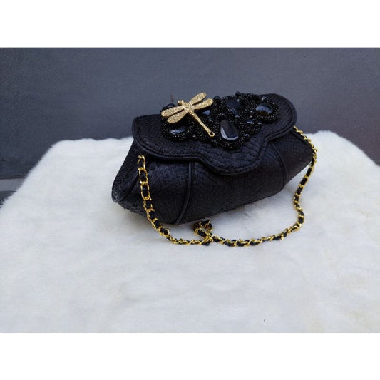 Black Python Leather Handbag Women's Clutch Purse Small Shoulder Bag