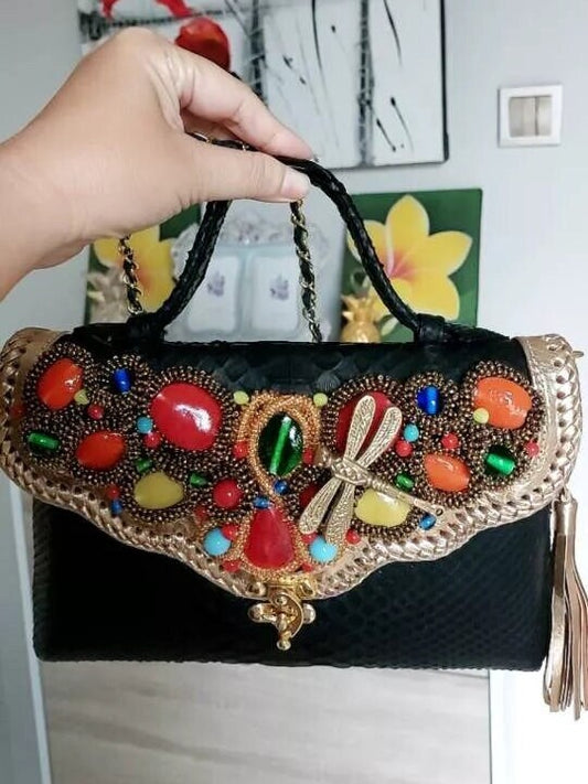 Black Python Handbag Snakeskin Clutch Women Leather Bag Size Small Purses accessories